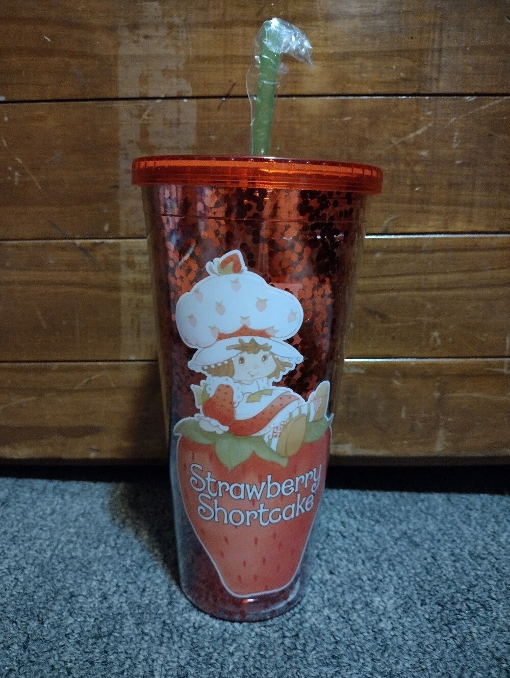 Strawberry Shortcake Red Sequin Tumbler with Straw 32 OZ